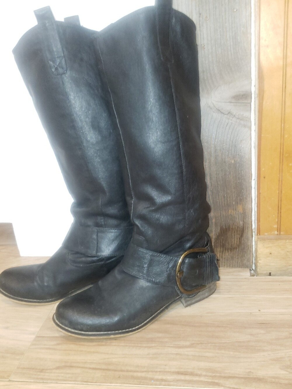 Steve Madden Peggie Tall Soft Black Leather Boots Buckle Detail Size 9